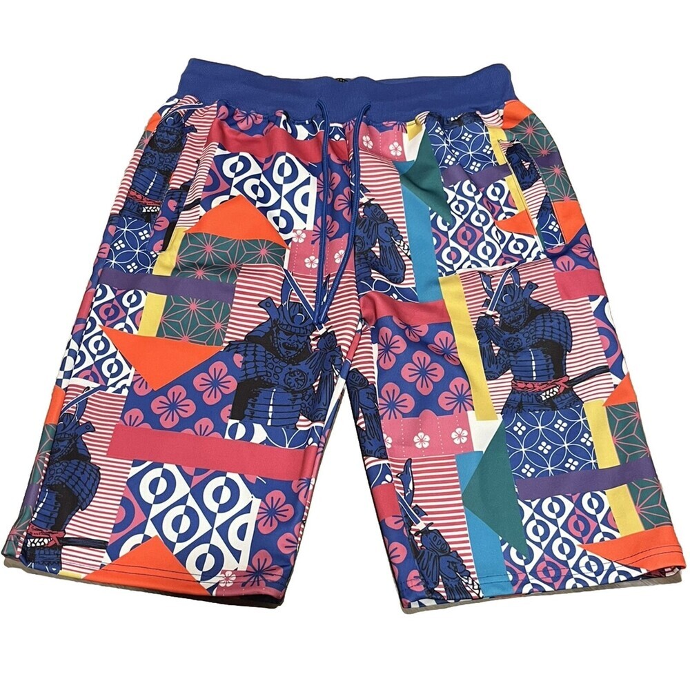 NWOT Sacred Crown Bermuda Shorts Unisex Samurai Multicolor Print Size Large